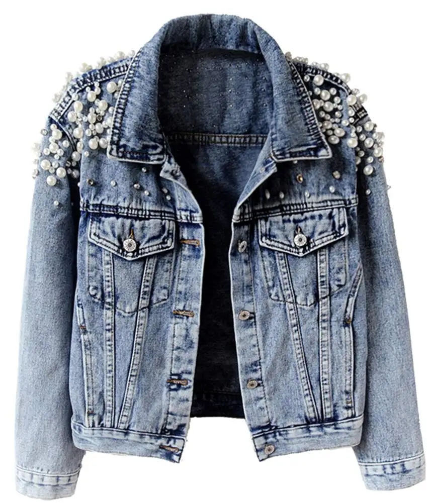 

2022 spring and autumn new women's heavy industry beaded denim jacket short long-sleeved jacket wedding clothing, Blue black white