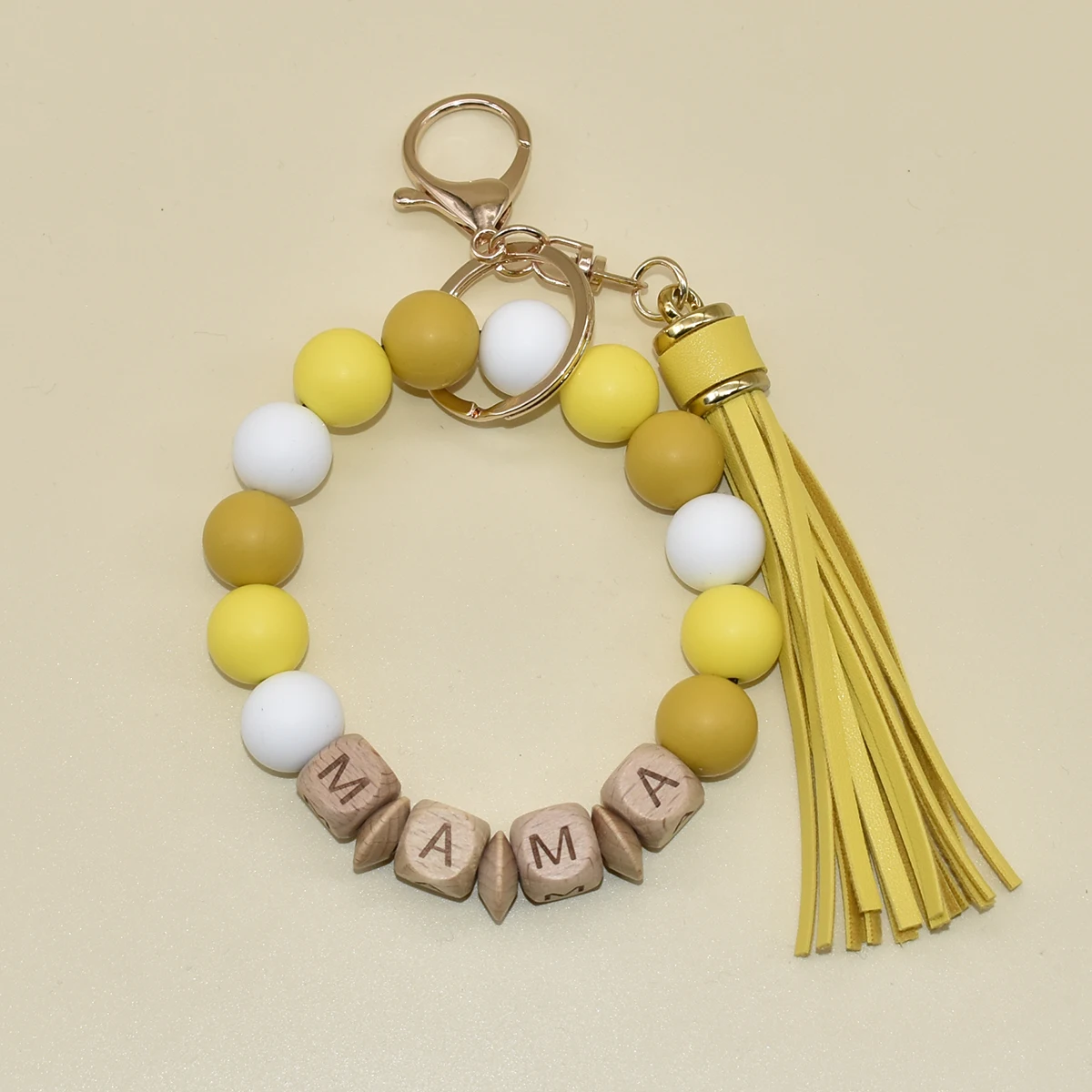 

Leather Tassel Wristlet Bracelet Colorful Silicone Beads Wooden Letter MAMA Bracelet Keychain