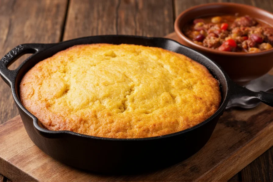 Cast iron skillet with golden cornbread, slightly steaming, served alongside a bowl of hearty chili with visible beans and meat chunks