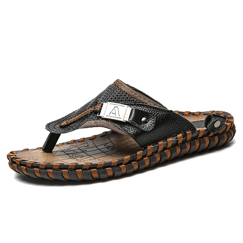 

Pure Leather Sandals For Men Summer Breathable Beach Sandals Cool Flip flops Men Slipper