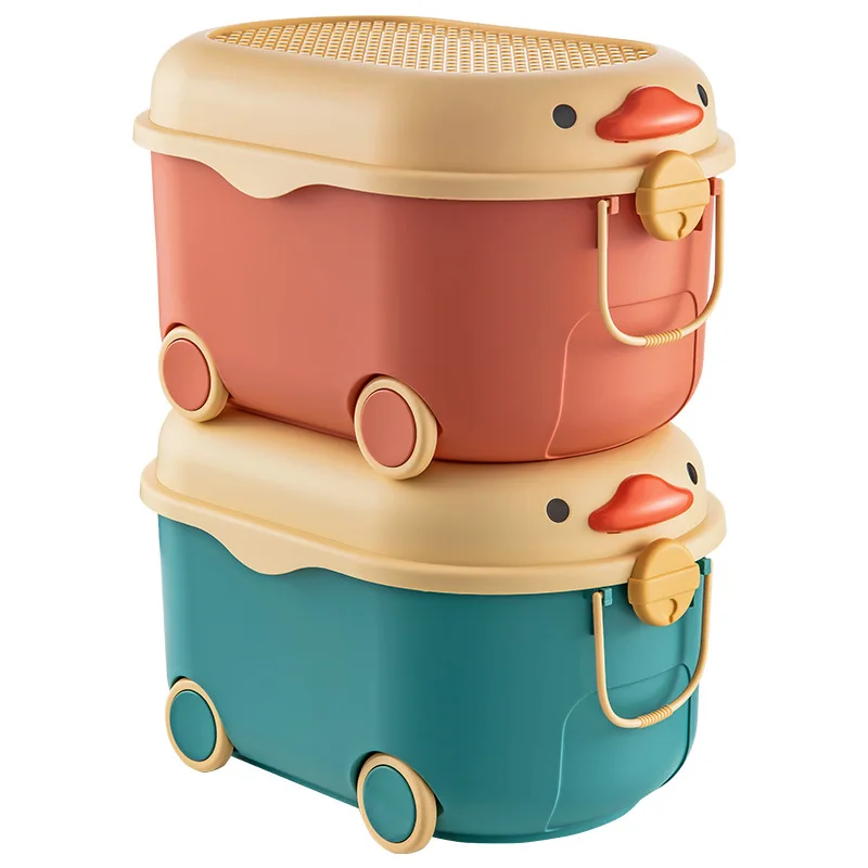 

Multifunction Safe Odorless Cartoon Style Duckling Toy Snacks Clothes Sundries Children Storage Box with Wheels, Blue;red;green