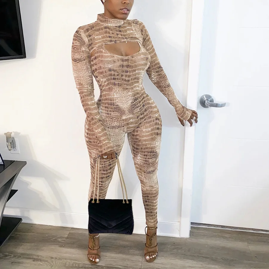 

Snake print full sleeve crop top sexy jumpsuit women fitness 2021 fashion two piece set outfits casual tracksuits B483