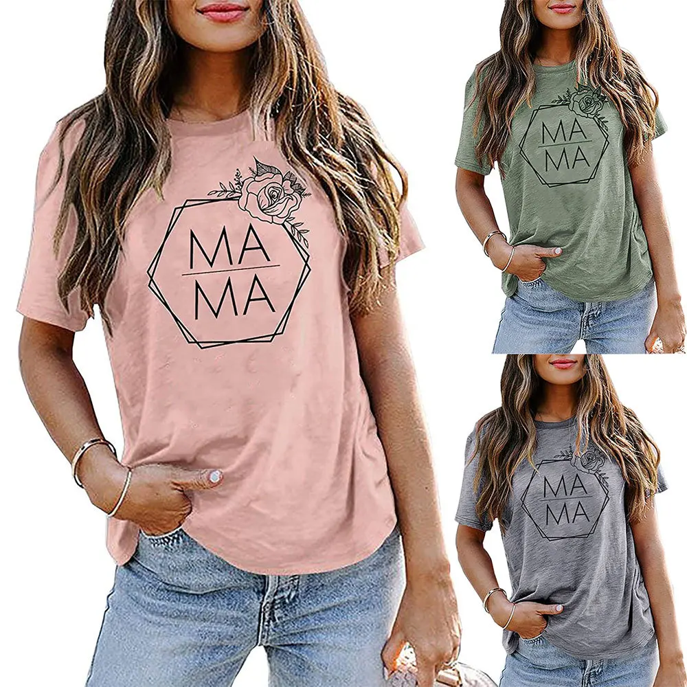 

2021 New Factory Made Hot Sale MAMA Letter Rose Printing Round Neck Short Sleeve T-shirt Printing Loose T-shirt crop tshirt