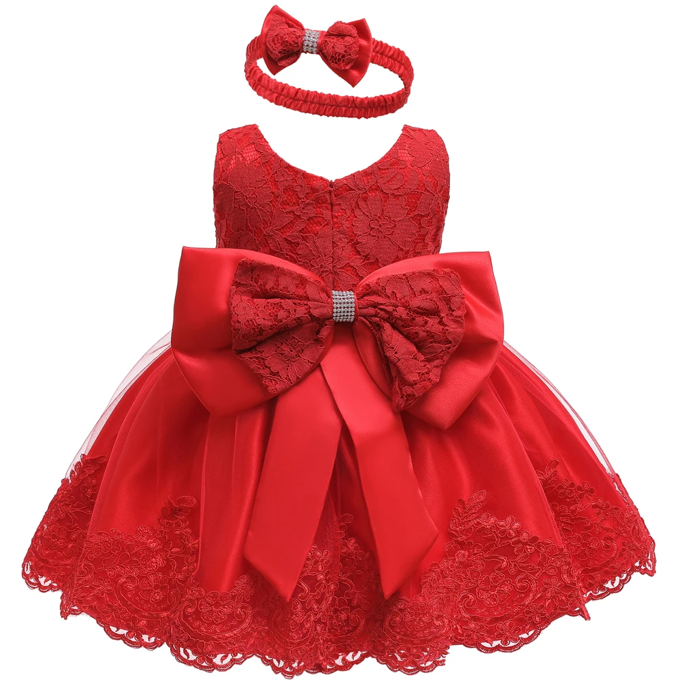 

One Piece 1 Year Baby Birthday Dress Baptism Party Kids Flower Girls Dresses, Red