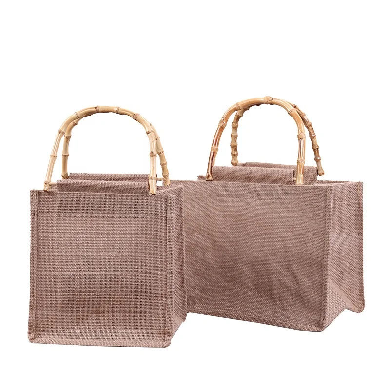 

Natural Hemp Jute Shopping Bag with Logo Printed Bamboo Handle Grocery Tote Bag Wholesale Eco Burlap Beach Bag, Natural, customizable
