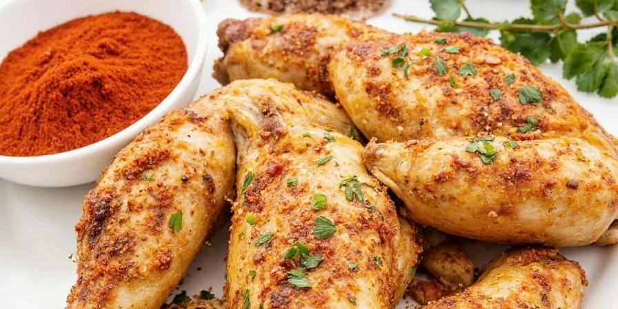 Golden-brown seasoned chicken in a skillet