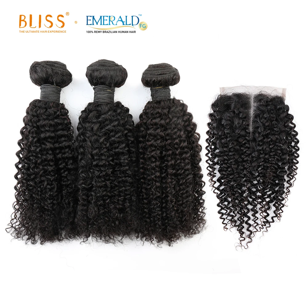

Bliss Emerald 3+1 Baby Deep 3 Packs Bundles With Lace Closure Fringe With Baby Hair Afro Curly 100% Virgin Brazilian Remy Hair