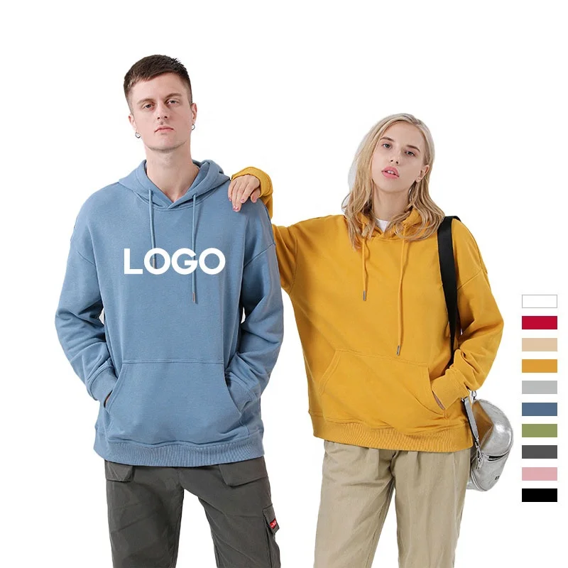 

Custom logo couple men's women's blue yellow blank drawstring pullover sweatshirt streetwear hoodie plus size Front pouch pocket
