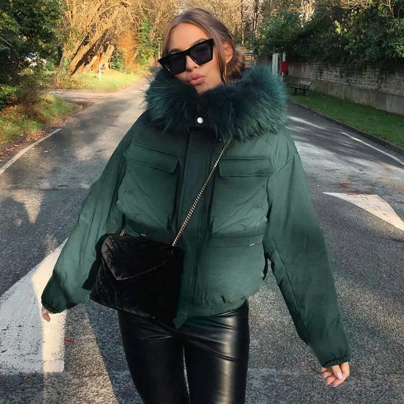 

Lady winter short puffer jackets women fashion long sleeve zipper women's down coats bomber jacket