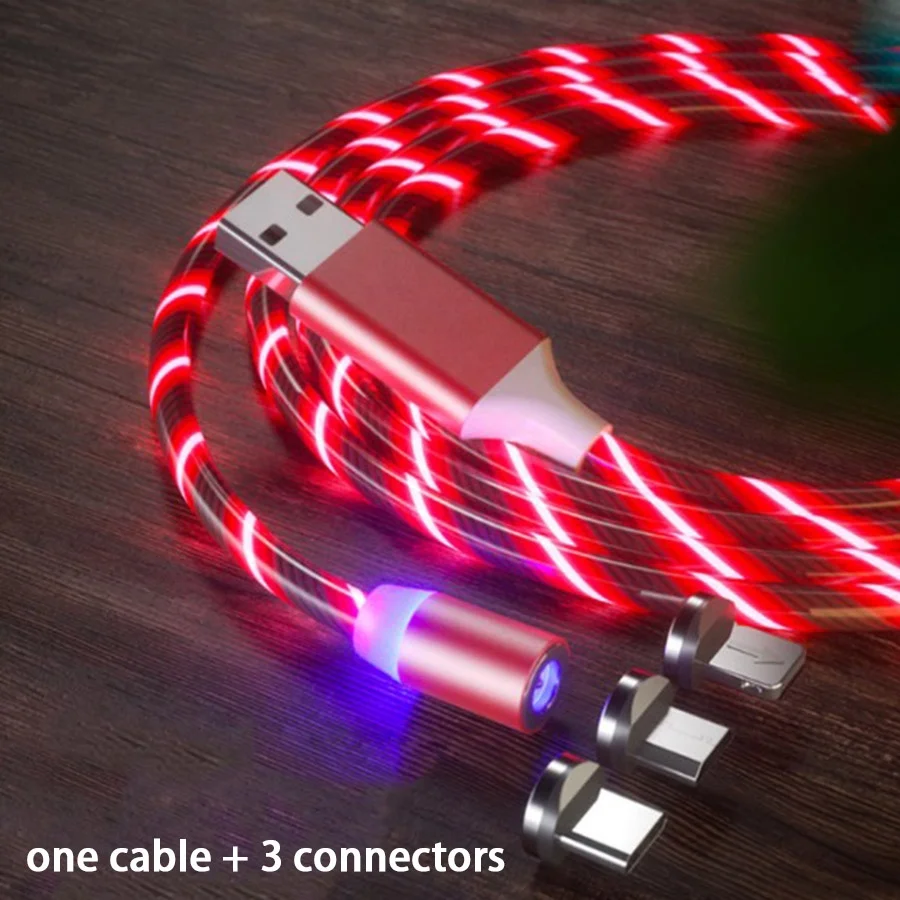 

New product Hot wholesale LED Flowing Light Magnetic Charging Cable Cellphone Fast Micro USB Cable Charger Data Cable Line, Blue /red/green/colored