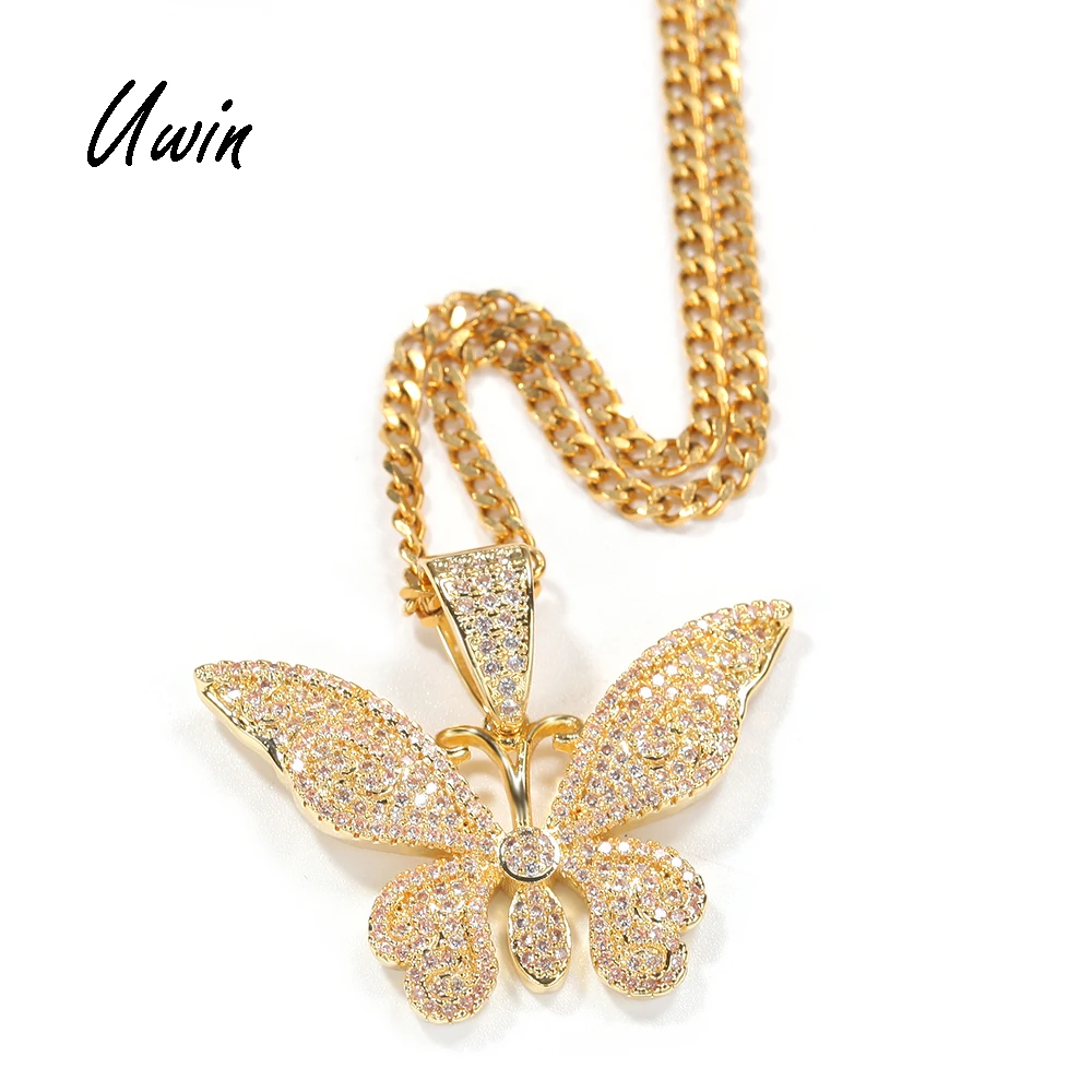 

2021 UWIN Iced Out CZ Butterfly Necklace Pendant Cute Butterfly Charm Women Men Unisex Rapper Jewelry