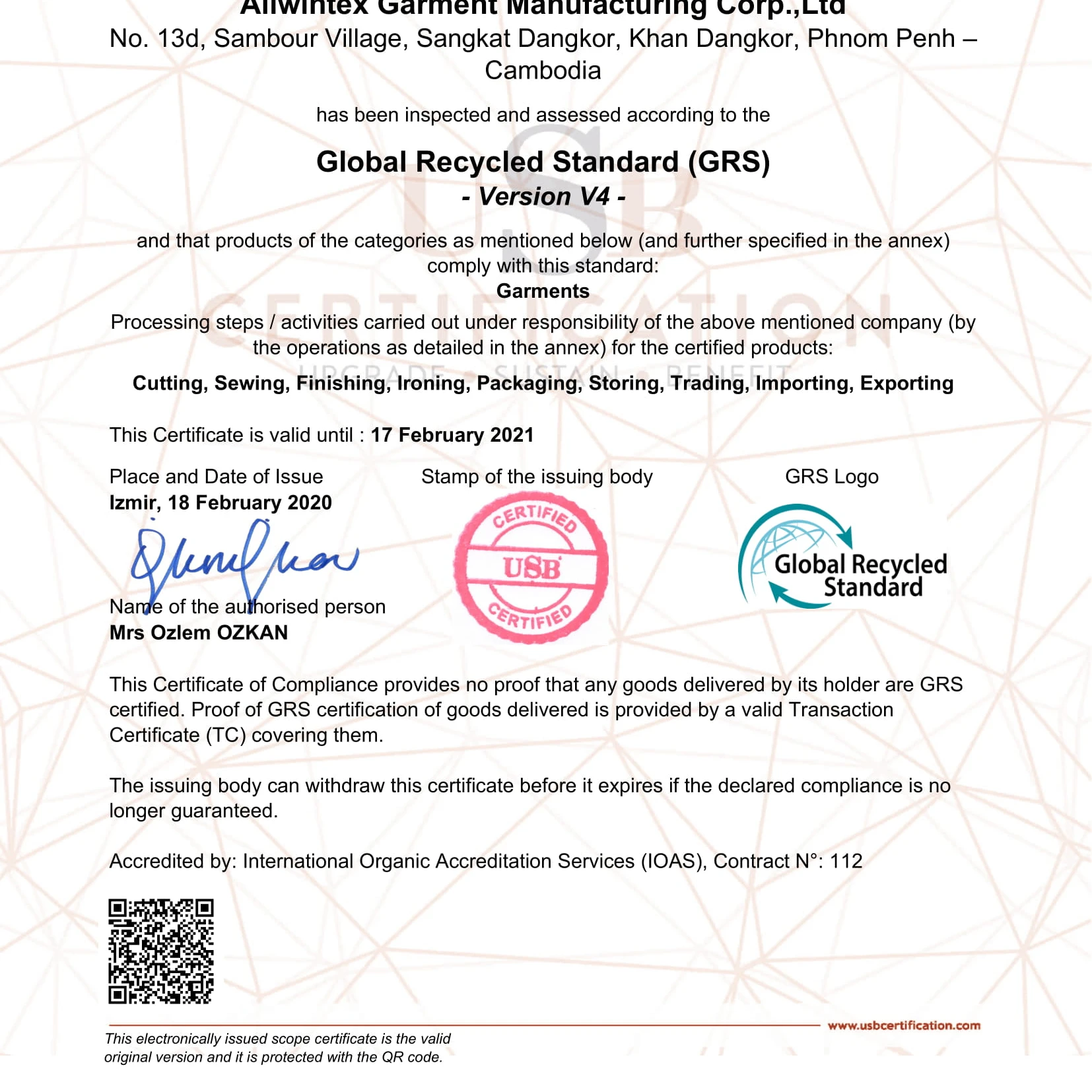 
sportswear factory profile from Cambodia WCA approved factory SMETA BSCI GRS factory 