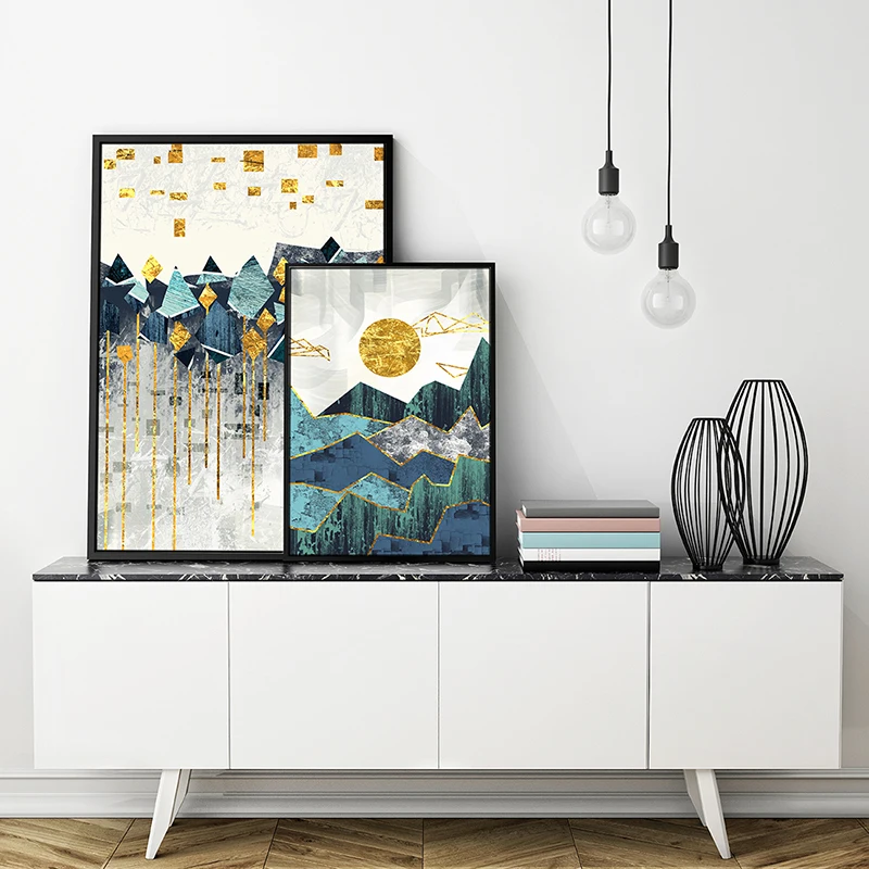 

Poster Print Wall Picture for Living Room Nordic Abstract Geometric Mountain Landscape Wall Art Canvas Painting Golden Sun Art, As photo