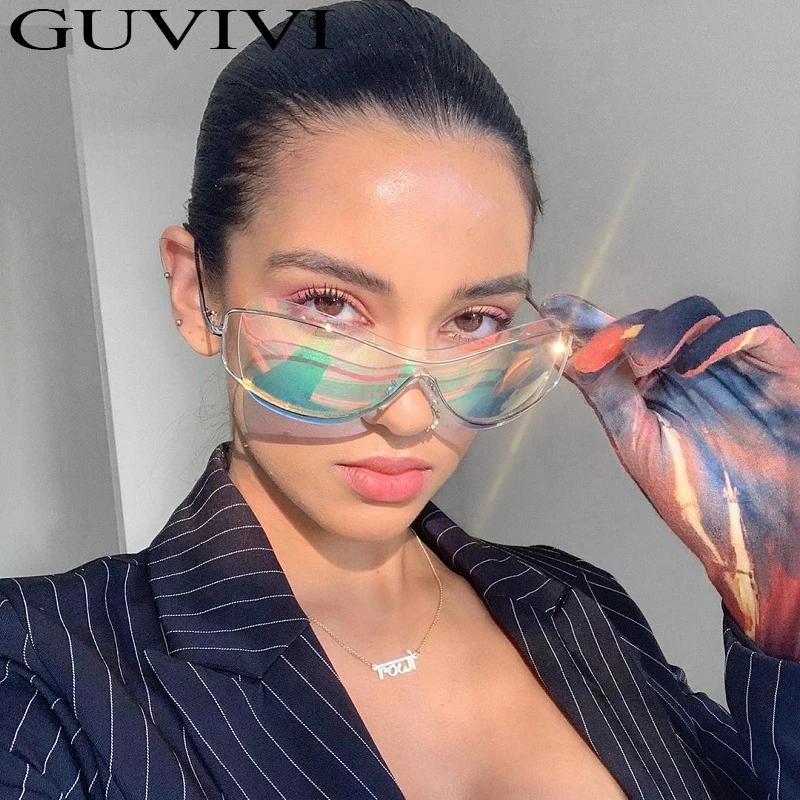

GUVIVI Curved Glasses Coated Unisex Large Fashion Trendy Sunglasses for Women Vintage Metal Sunglasses 2020 UV400 PC