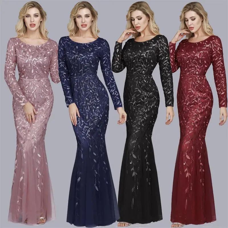 

2021 new multicolor long-sleeved round neck fishtail banquet evening dress female spot, Picture color