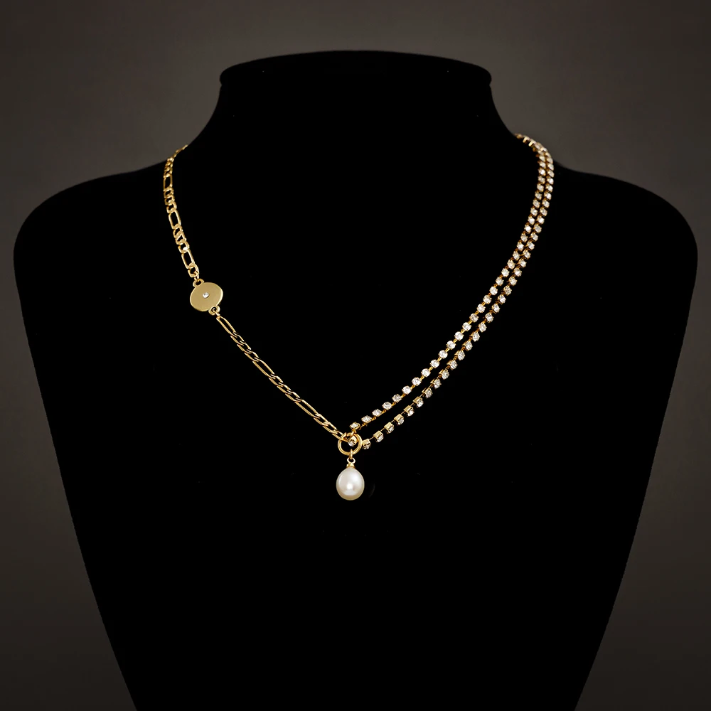 

18K gold Stainless Figaro Chain Chocker Necklace Clear Rhinestone freshwater pearl pendant Necklace for Men/Women