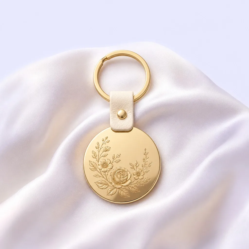 Wedding keychain resting on soft fabric