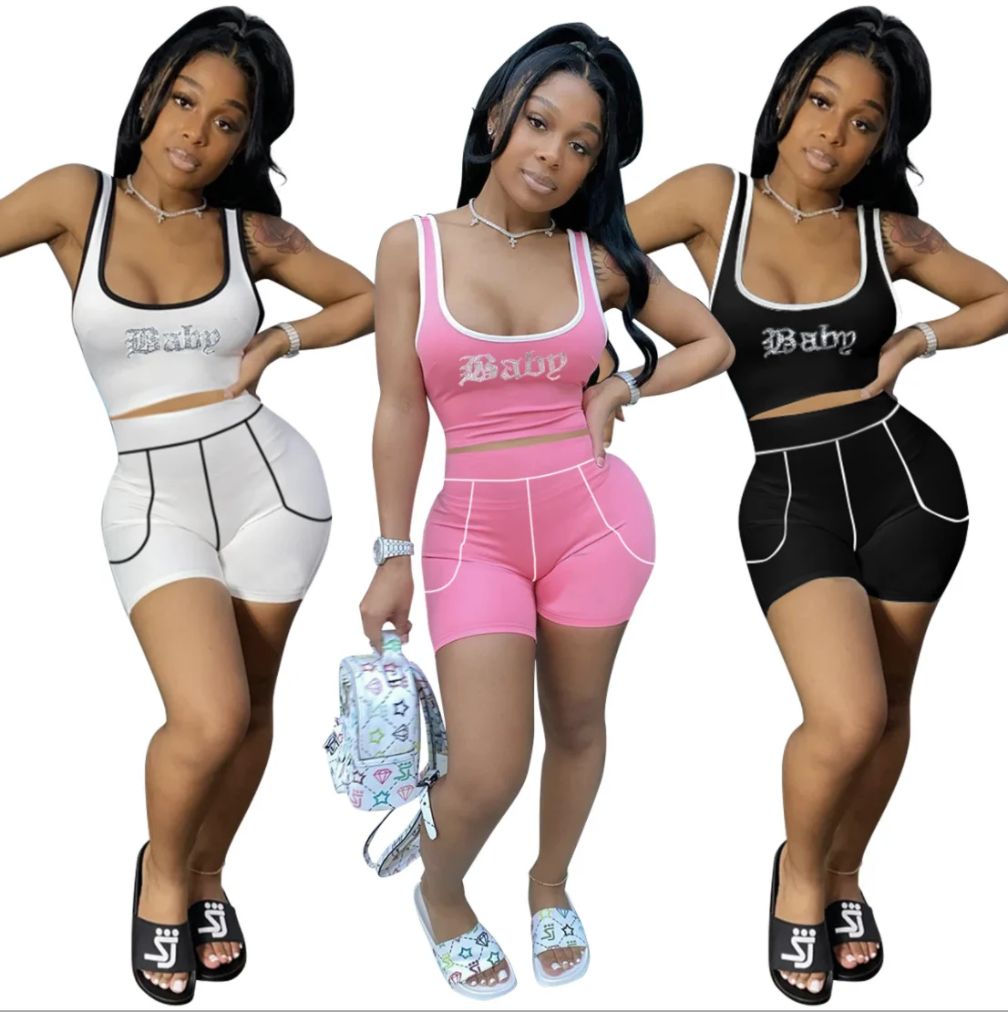 

European American women casual vest top and hot drill letter shorts outfit women multicolor two-piece jogging set