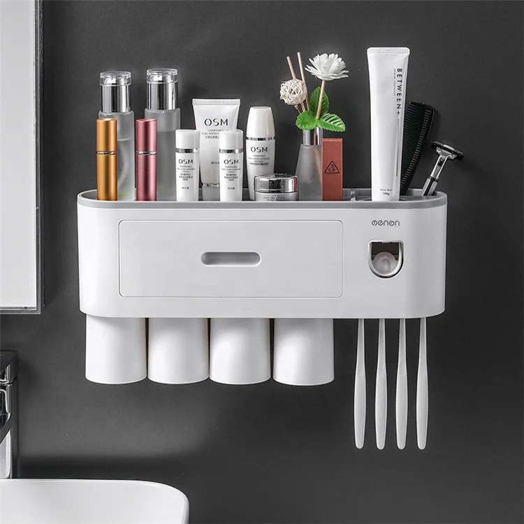 

Plastic Magnetic Automatic Bathroom Accessories Wall Mount Toothpaste Dispenser Toothbrush Holder With Four Wash Cups, Picture