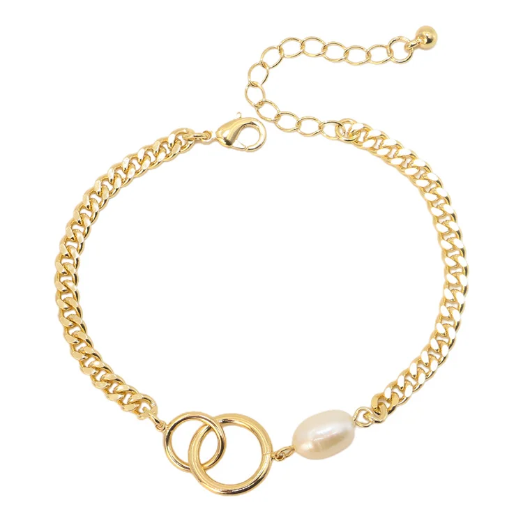 

BXY 2021 custom trending jewellery girls pendant charm 14k cooper cuban gold plated big fresh pearl bracelet women