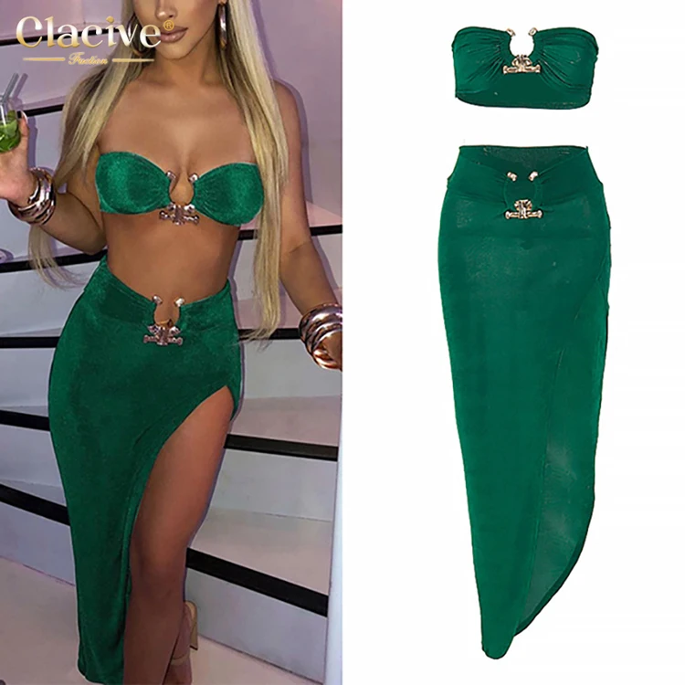 

Clacive New Arrival Tube Top Black Slash Neck Women Top Slit Midi Skirts Backless Sexy Two Piece Set Women Clothing, Green;black;brown