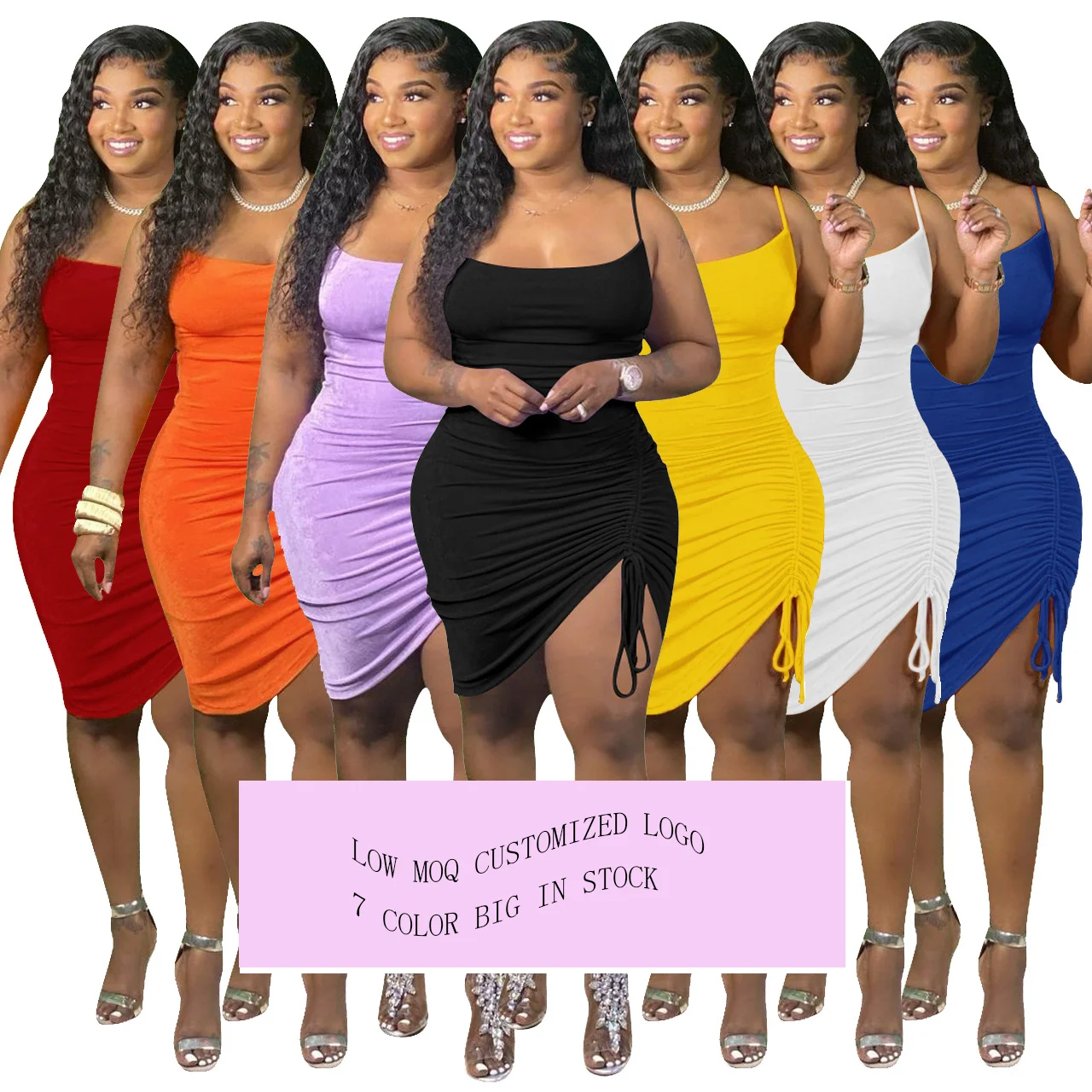 

New Arrival Stylish Sexy Solid Color Sleeveless Bodycon Drawstring Halter Women Summer Mini Dress, Customized color/as show
