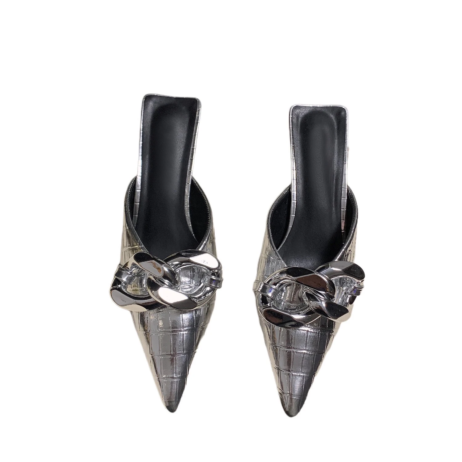 

Summer metal buckle decoration with special stone pattern Pu pointed Baotou stiletto slippers