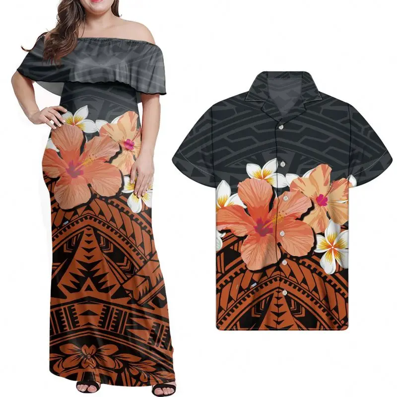 

Floral Couple Dress Women Off Shoulder Ruffle Dress & Skirts Long Dress Unique Custom Elegant Polynesian Tribal Design Casual, Customized color