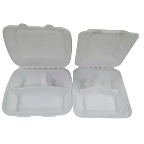 

Eco 9 Inch Three Compartments Food Packing Biodegradable Disposable Sugarcane Clamshell Box Baggase Paper Pulp Tableware, Natural