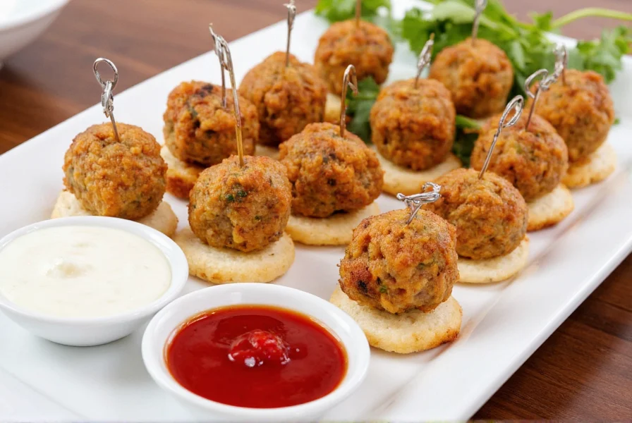Assortment of meatball appetizers served on white platter with various dipping sauces and garnishes