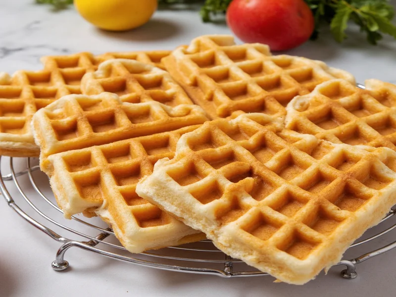 Three perfect homemade waffles on cooling rack