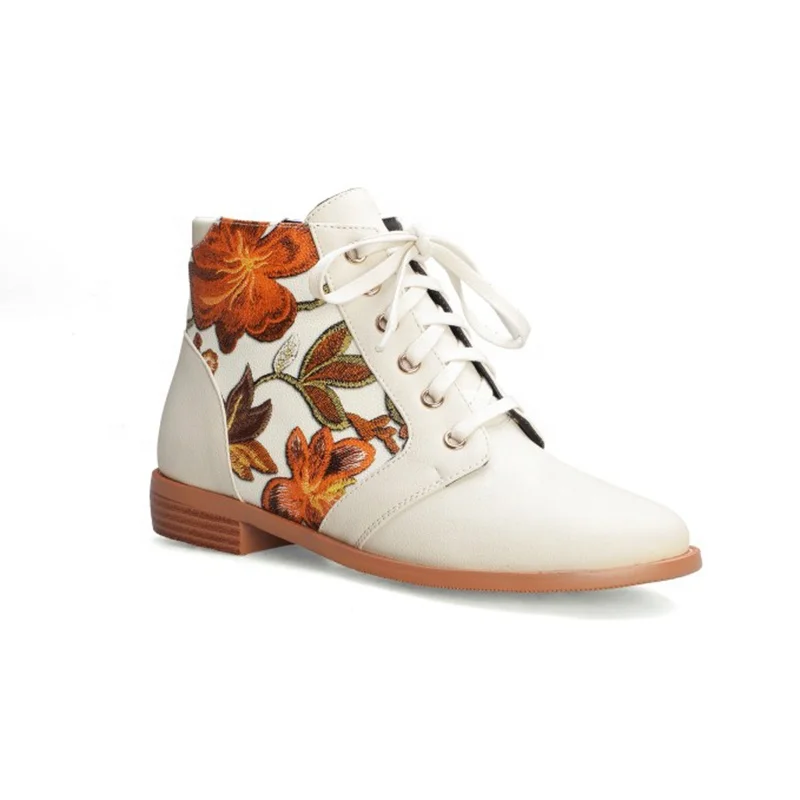 

2020 New Arrival Ankle Boots for Women Embroidery Lace-up Flat Boots Women Shoes, Blue yellow black customzied