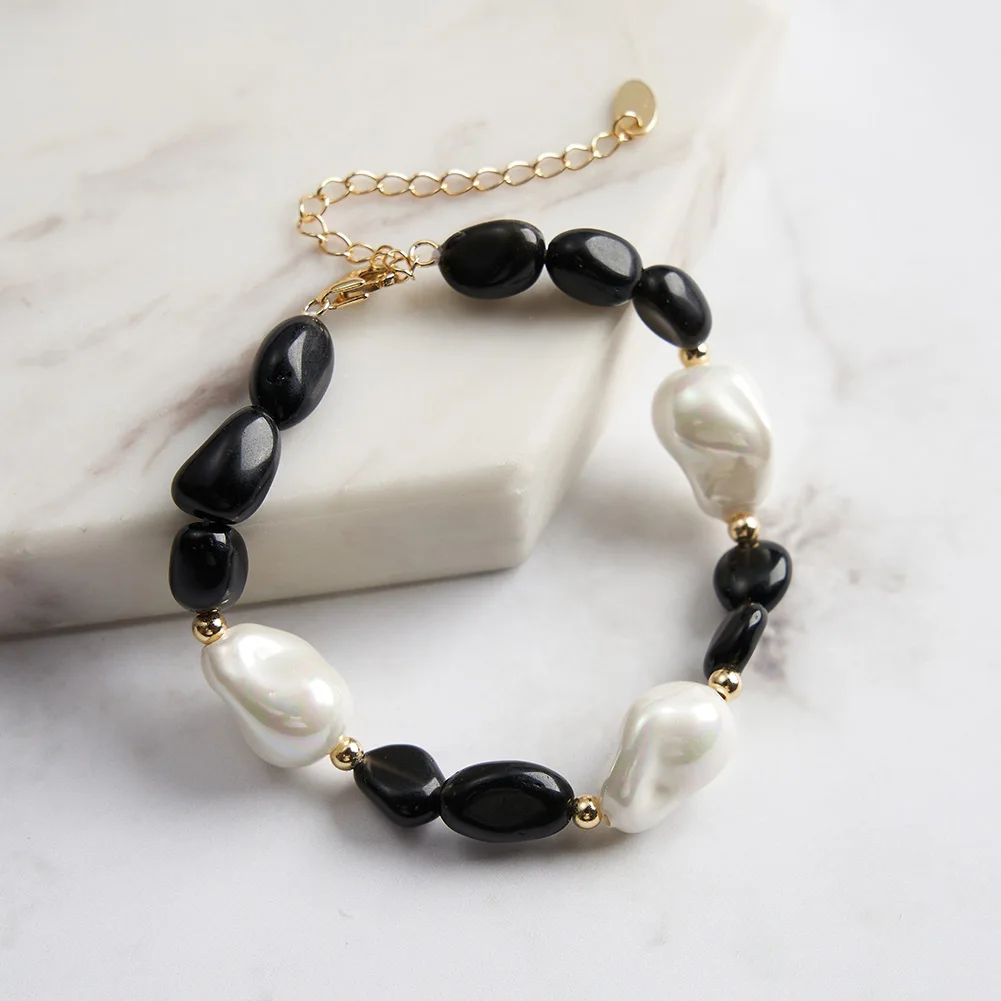 RINNTIN GMB63 Wholesale Natural Irregular Obsidian Fashion Jewelry 925 Sterling Silver Obsidian Baroque Pearl Bracelet