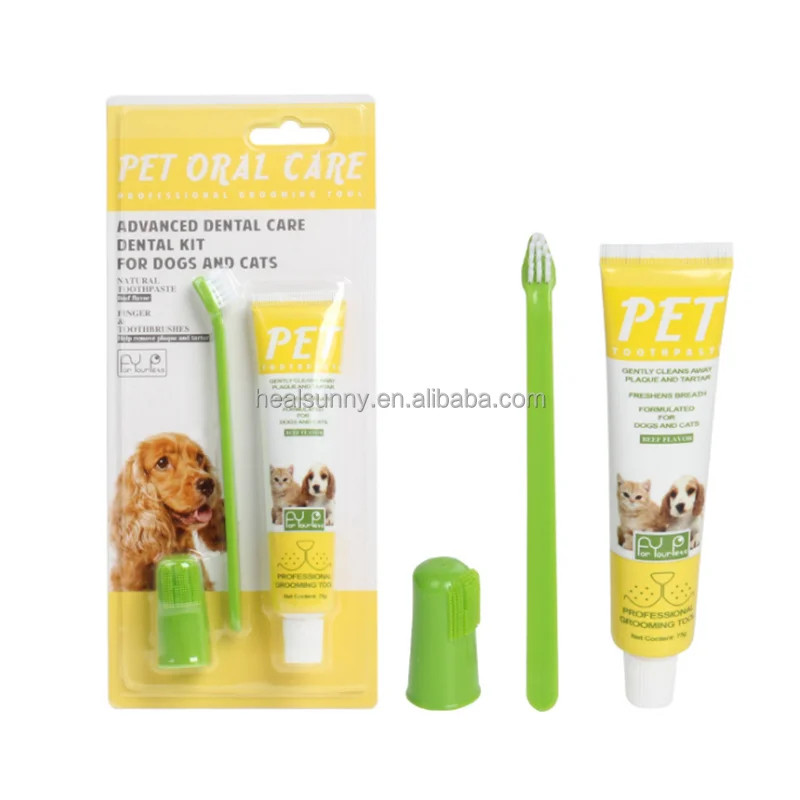 

Wholesale beef flavor toothpaste double sided pet dog finger toothbrush stick and toothpaste set, Customized