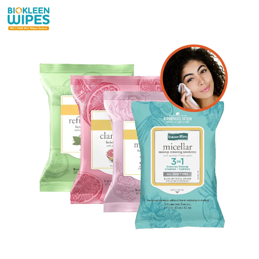 

Free Sample OEM Biodegradable Oil Free Makeup Remove Wet Wipes Female Sensitive Skin Cleaning Vegan Makeup Removal Wet Wipes