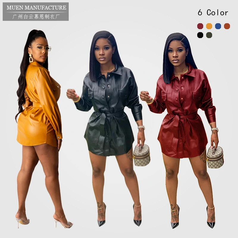 

M2901 2020 New Arrival Women Long Sleeve High Waist Tie Shirt PU Leather Dress