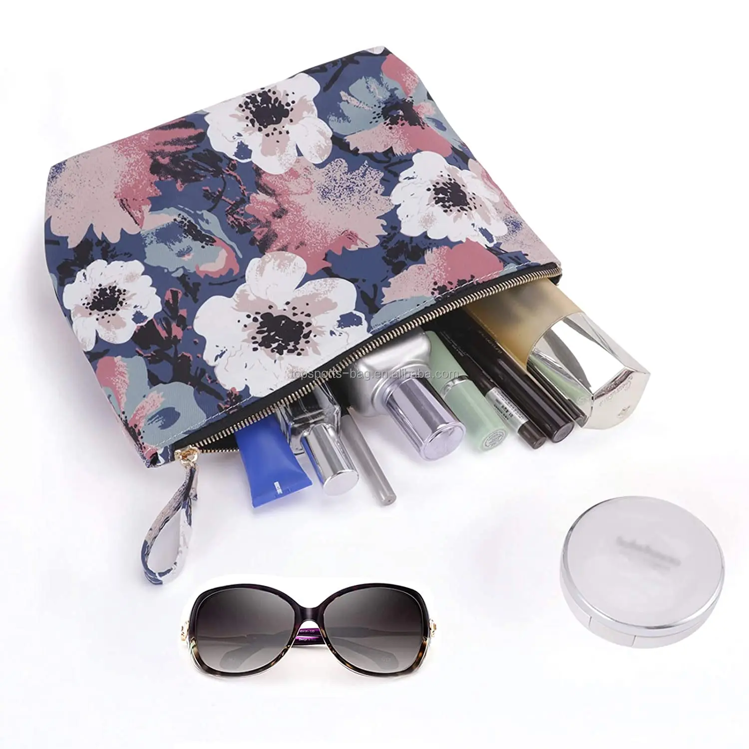 

Floral Travel Purse Ladies Neoprene Cosmetic Toiletry Brushes Organizer Pouch, Blue