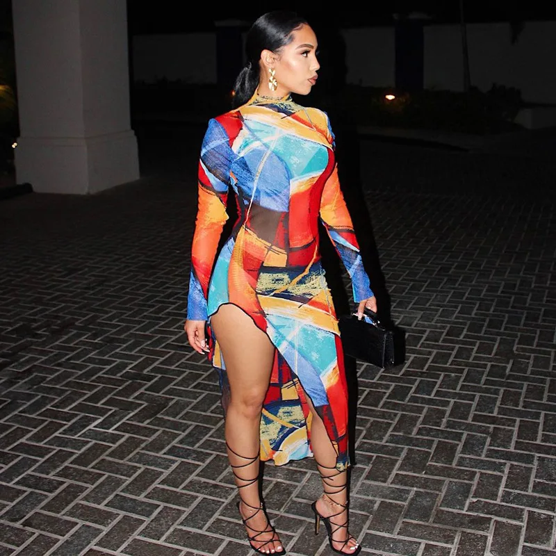 

YIWU QIUDUNN Fashion Color Block Ladies Midi Dress Long Sleeve Turtle Neck Dresses