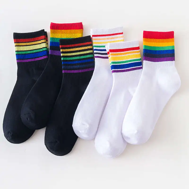 

New Rainbow Colored Socks Wholesale Highquality Unisex Tube Socks Breathable Casual Striped School Sports Crew Socks PrideSocks