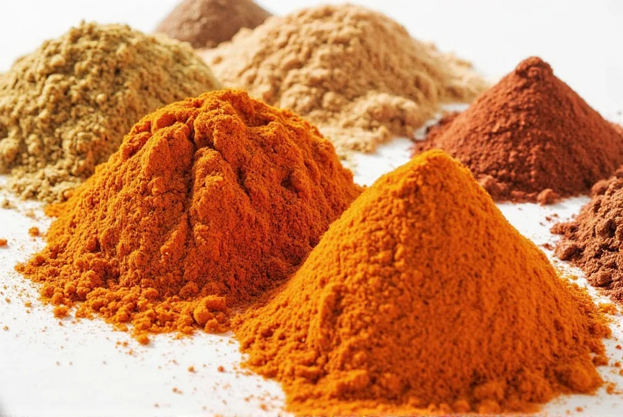 Close-up of hands mixing red chili powder with golden curry blend in a ceramic bowl