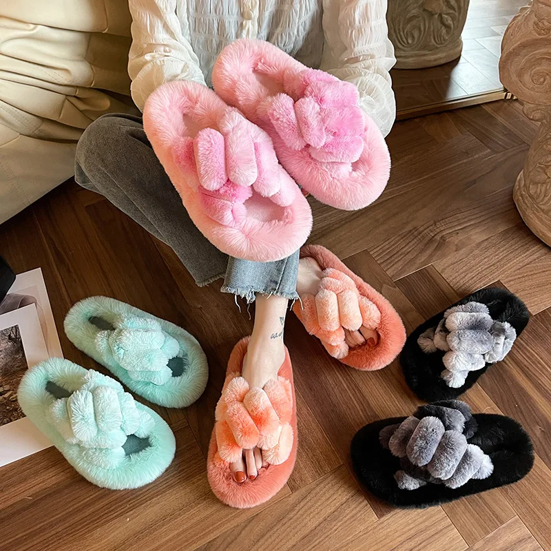 

2021 Cheap Winter Plush Women Faux Fur Slides Cross Warm Fluffy House Slippers, Customer's request