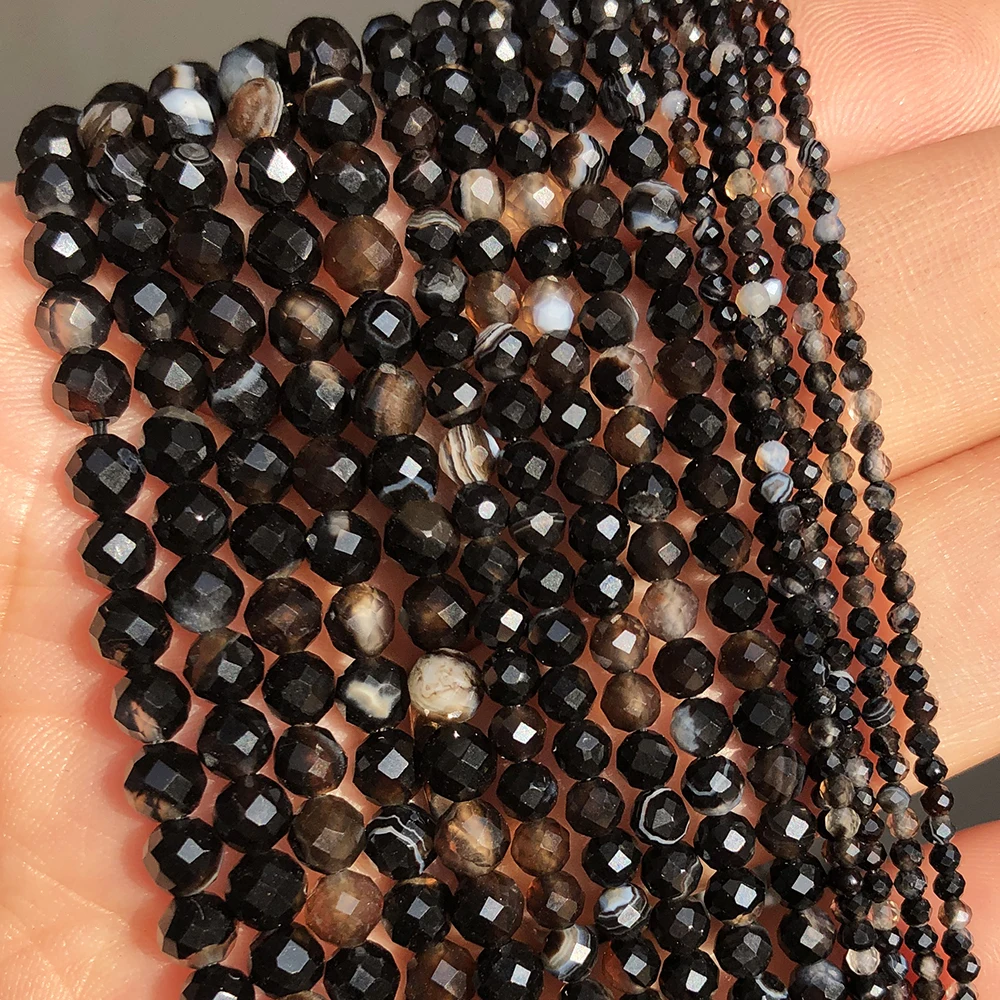 

Wholesale 2/3/4mm Faceted Black Stripes Agates Onyx Stone Loose Beads For Jewelry Making DIY