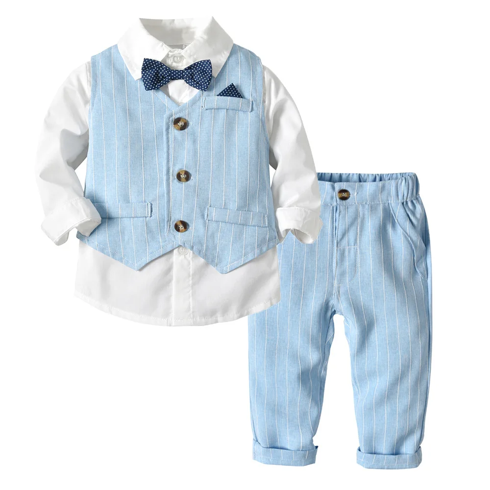 

Spring Gentleman Long-sleeved Handsome Knitted Cotton Shirt Two-piece Newborn Baby Clothes Boys Clothing Sets, Picture shown