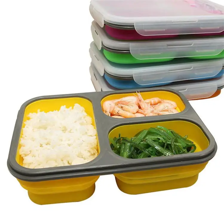 

Hot-sale New Design Reusable Food-grade Approved Microwave Safe Collapsible 3 Compartment Portable Silicone Bento Lunch Box, Red,blue,green, rose red or custom color