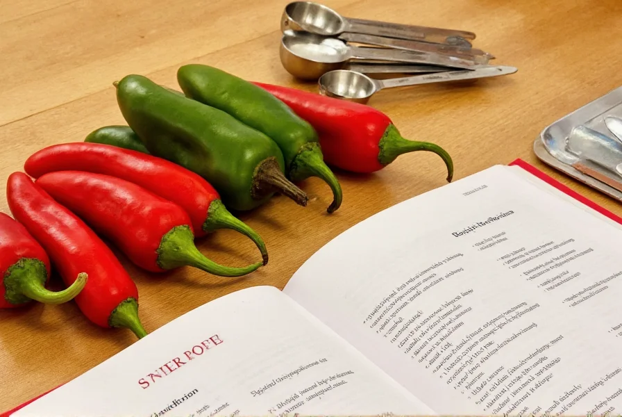 Various chili peppers arranged on kitchen counter with measuring spoons and recipe book open