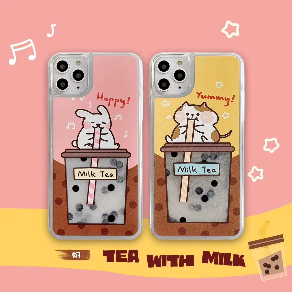 

Laudtec Dynamic Liquid Funny Cute Cartoon Back Cover Milk Tea Quicksand Phone Case For iPhone 12 12Mini 11 Pro XS Max SE XR X 8