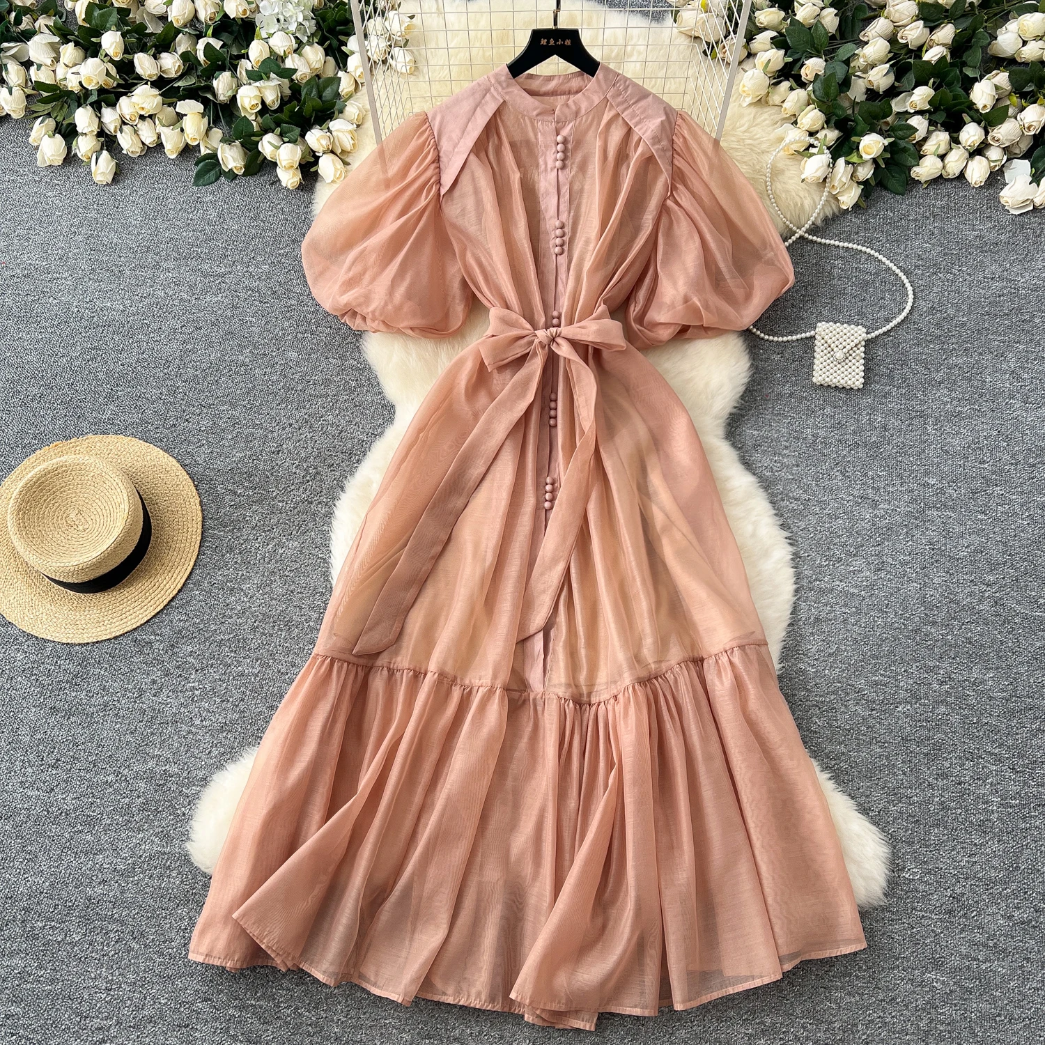 Lantern Sleeve Tie Waist Dress Inner Strap Set