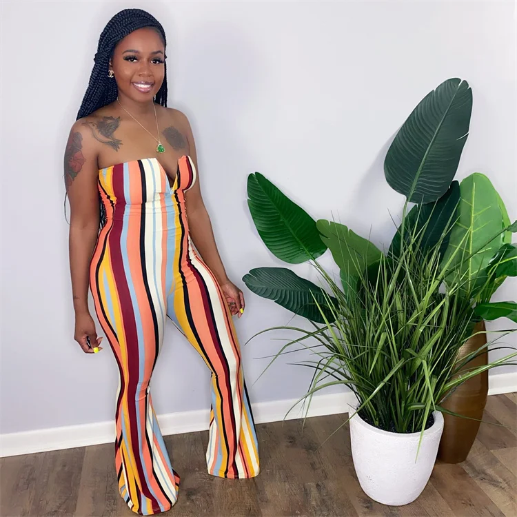 

2021 Summer New Casual Fashion V-Neck Stripe Printed Flared Pants Jumpsuit Rompers Womens, 4 colors