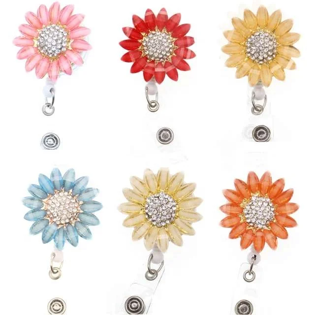 

Wholesale Acrylic 6 colors flower/sunflower crystal Rhinestone Retractable ID Badge Holder Reel for nurse accessories, As picture