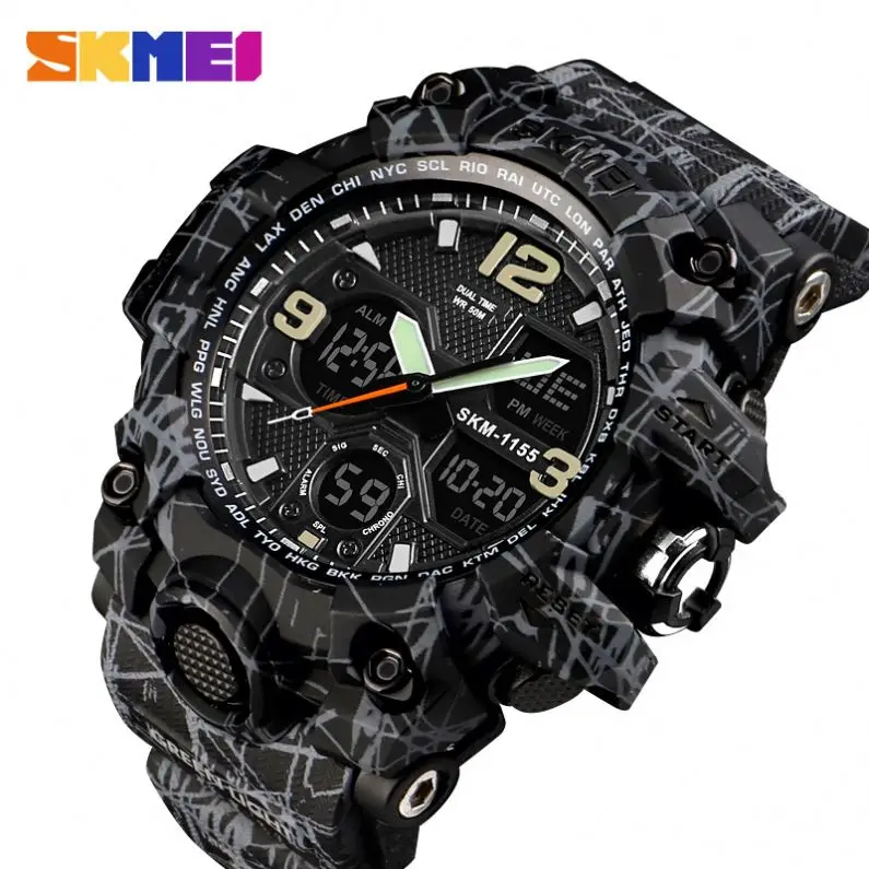 

SKMEI 1155 unique military mens timepiece original Silicone band Waterproof dual display Multi function sports relogio musculino